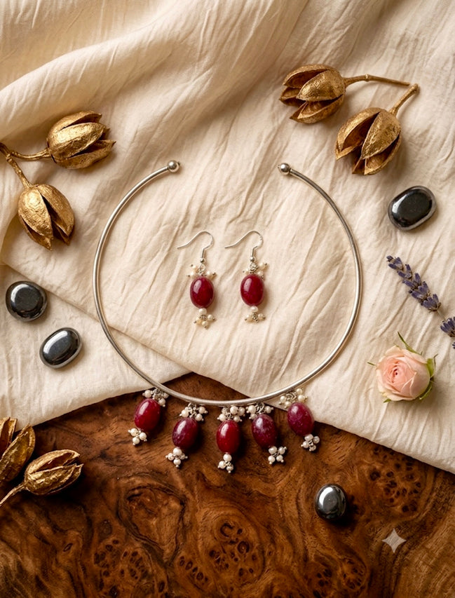 Ruby Droplet Hasli Necklace Set
