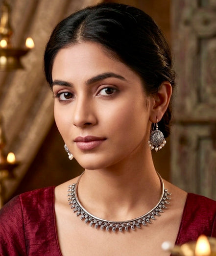 Pearl-Kissed Moon Hasli & Jhumka Set.