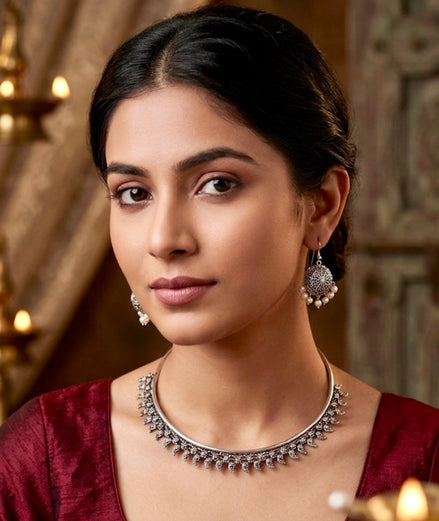 Pearl-Kissed Moon Hasli & Jhumka Set.
