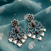 Oxidised Silver Black Lotus Dangler Earrings.