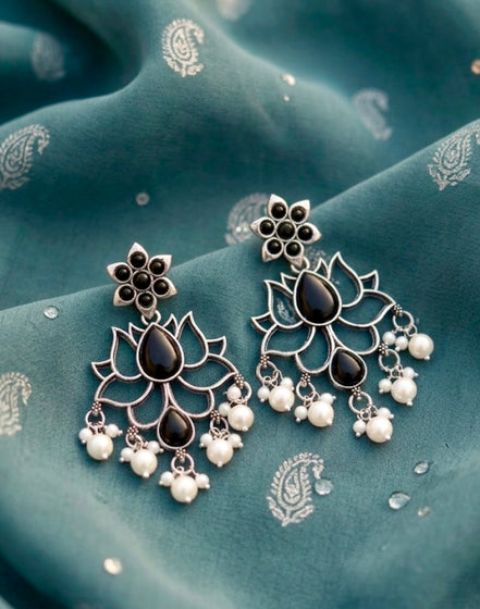 Oxidised Silver Black Lotus Dangler Earrings.