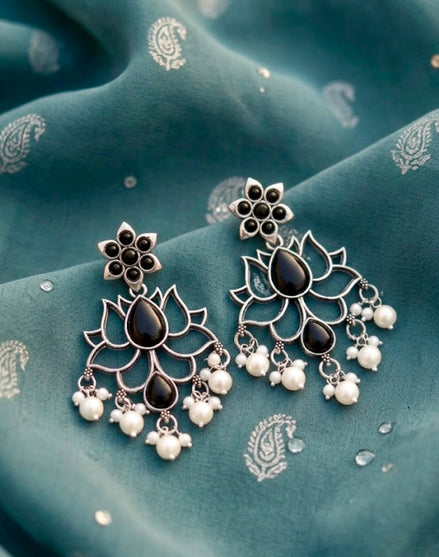 Oxidised Silver Black Lotus Dangler Earrings.