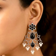 Oxidised Silver Black Lotus Dangler Earrings.