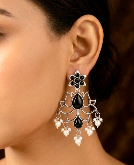 Oxidised Silver Black Lotus Dangler Earrings.