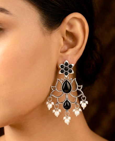 Oxidised Silver Black Lotus Dangler Earrings.