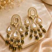 Gold-Plated Kundan and Olive Green Beaded Statement Dangler Earrings