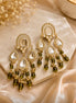 Gold-Plated Kundan and Olive Green Beaded Statement Dangler Earrings