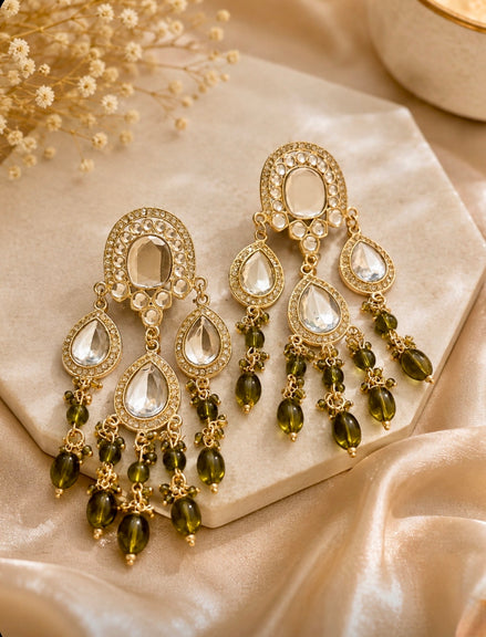 Gold-Plated Kundan and Olive Green Beaded Statement Dangler Earrings