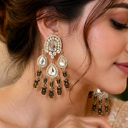 Gold-Plated Kundan and Olive Green Beaded Statement Dangler Earrings