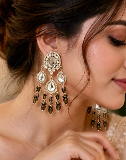 Gold-Plated Kundan and Olive Green Beaded Statement Dangler Earrings