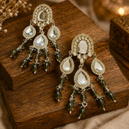 Gold-Plated Kundan and Olive Green Beaded Statement Dangler Earrings