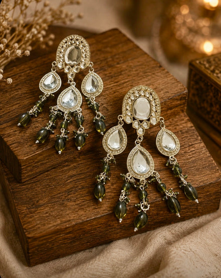 Gold-Plated Kundan and Olive Green Beaded Statement Dangler Earrings