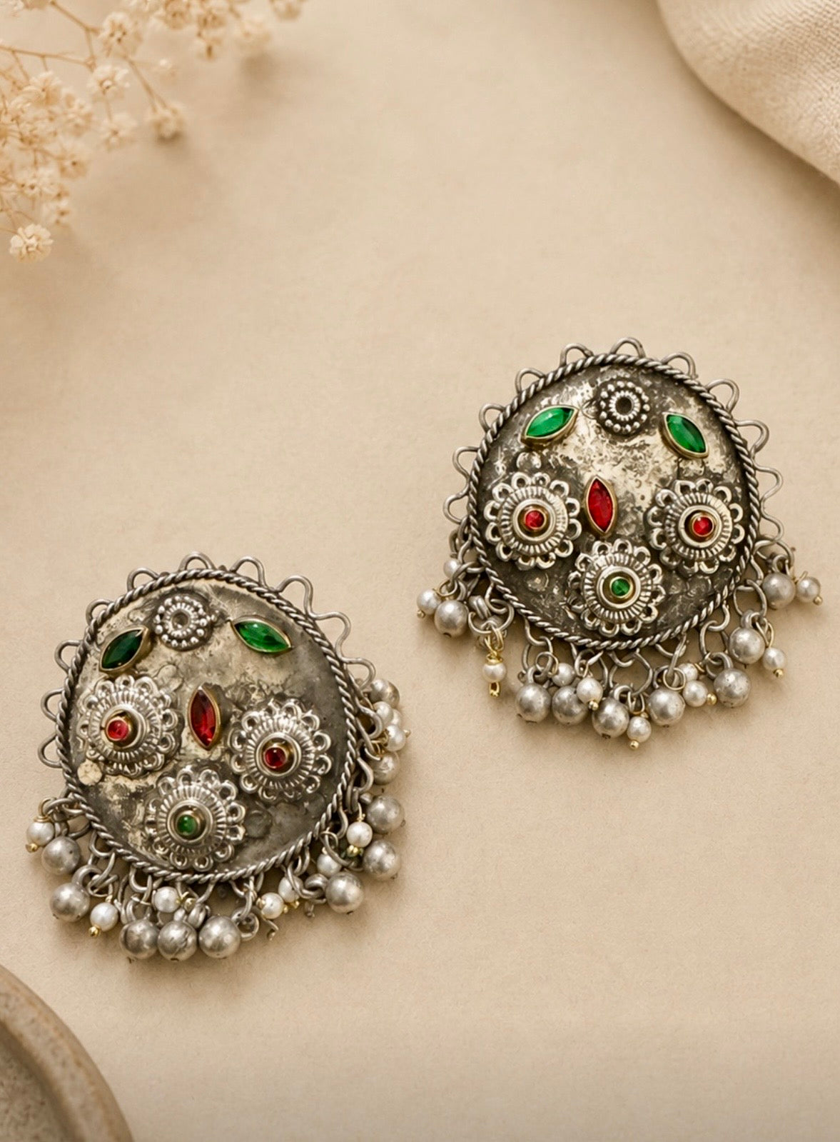 Oxidised Silver Kashmiri-Style Multi-Stone Stud