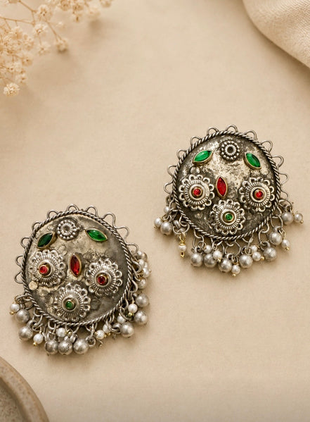 Oxidised Silver Kashmiri-Style Multi-Stone Stud