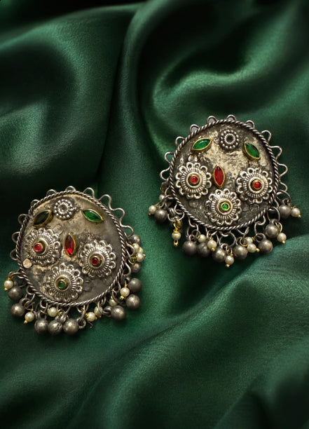 Oxidised Silver Kashmiri-Style Multi-Stone Stud