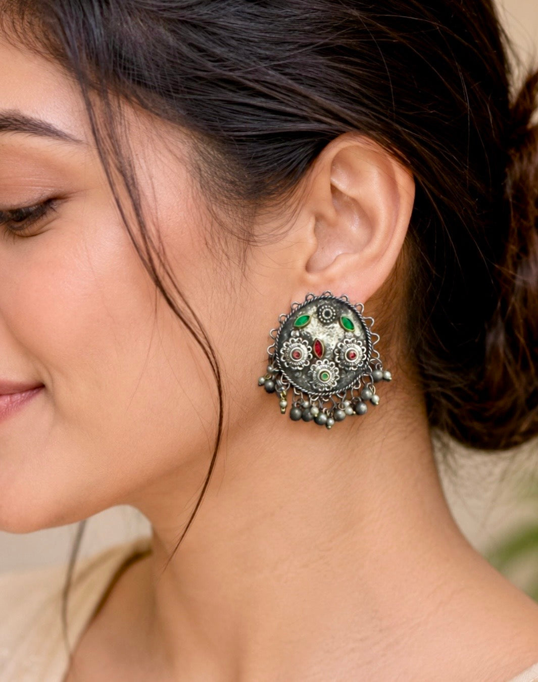 Oxidised Silver Kashmiri-Style Multi-Stone Stud