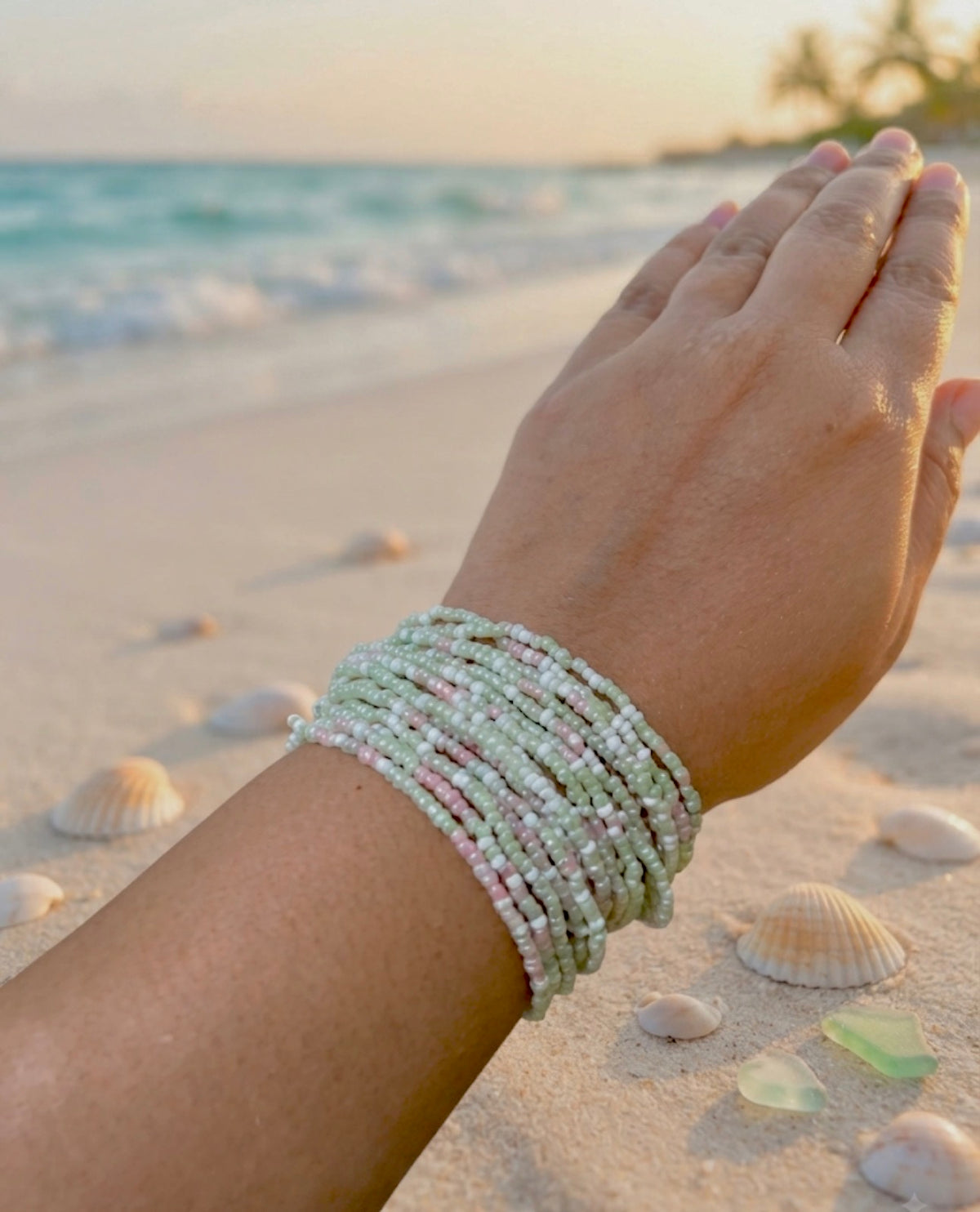 Mint & Peach Multi-Strand Pastel Beaded Bracelet
