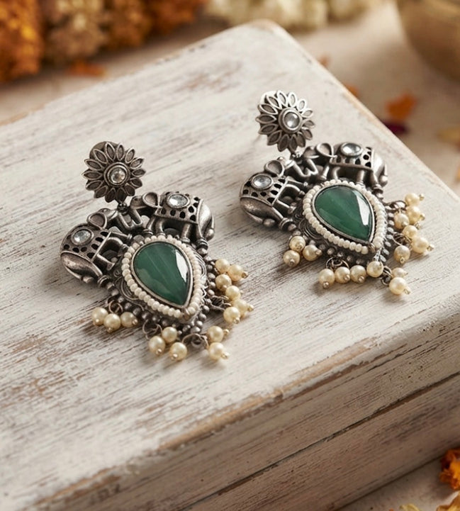 Airavat Jade Silver Danglers