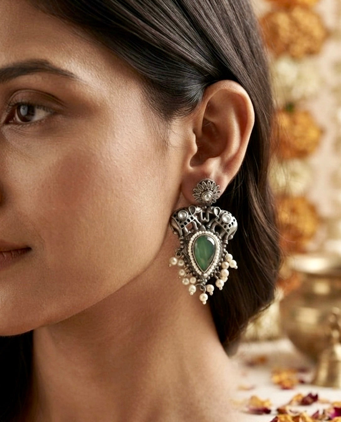 Airavat Jade Silver Danglers