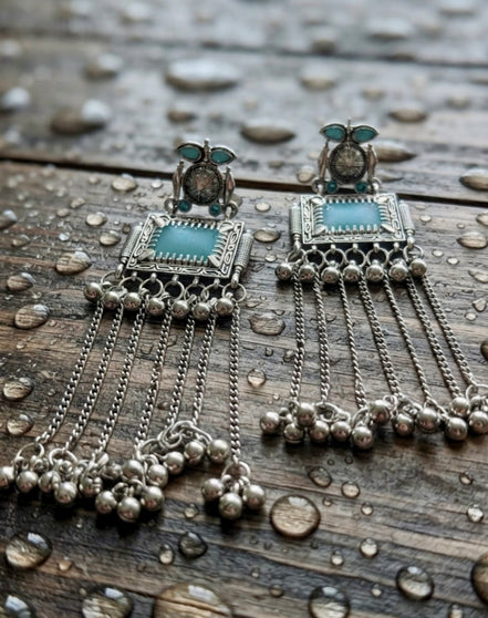 Kurma Sky-Blue Stone Long Tribal Danglers