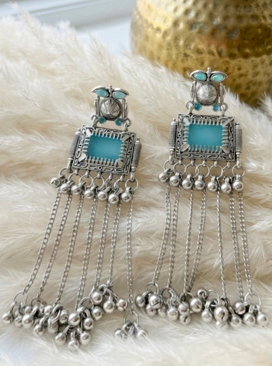 Kurma Sky-Blue Stone Long Tribal Danglers
