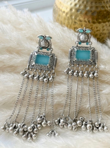 Kurma Sky-Blue Stone Long Tribal Danglers