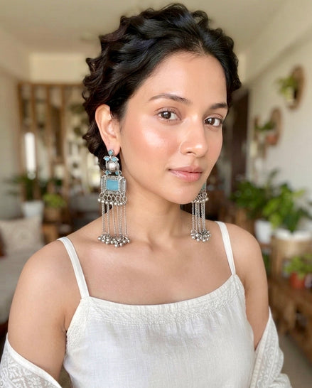 Kurma Sky-Blue Stone Long Tribal Danglers