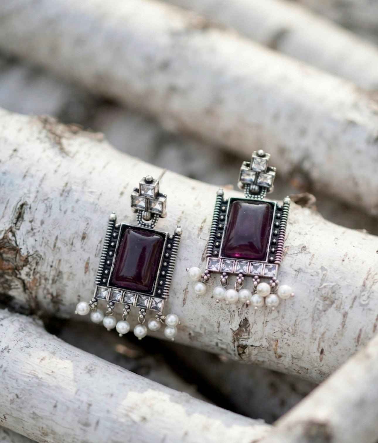 Rectangular Purple Stone Drop Earrings