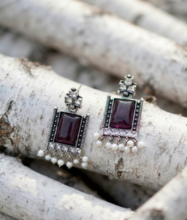 Rectangular Purple Stone Drop Earrings