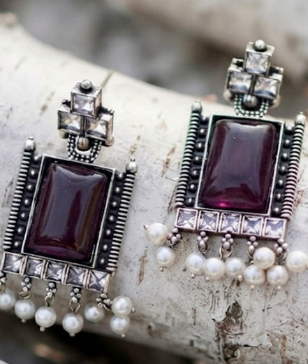 Rectangular Purple Stone Drop Earrings