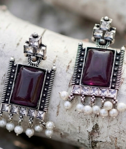 Rectangular Purple Stone Drop Earrings