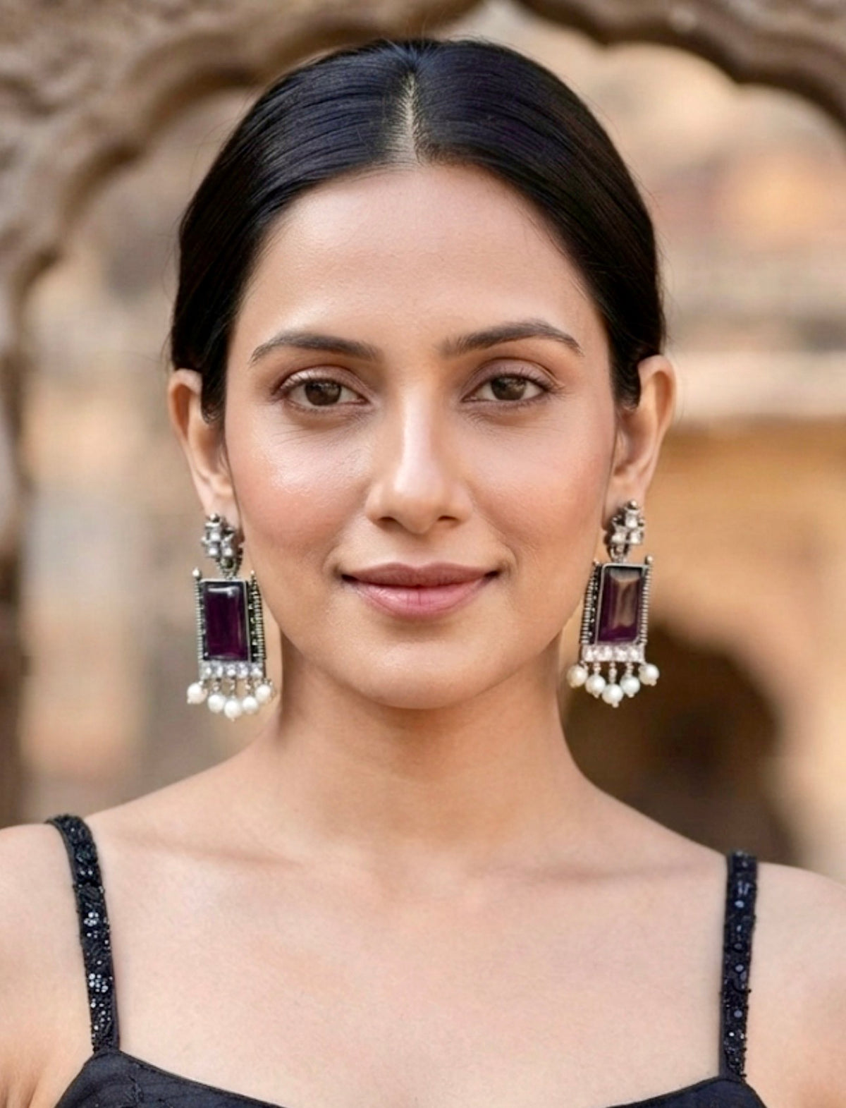 Rectangular Purple Stone Drop Earrings