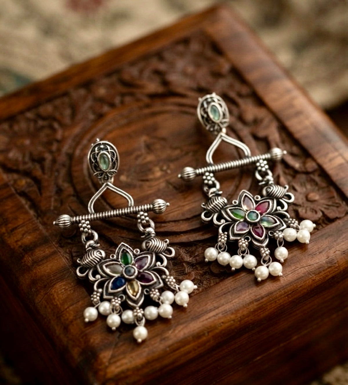 Tribal Lotus Meenakari Oxidised Statement Earrings