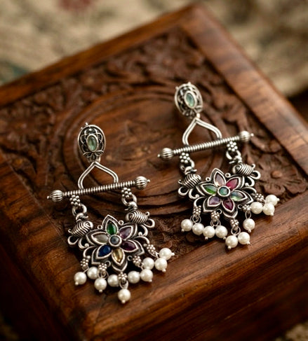 Tribal Lotus Meenakari Oxidised Statement Earrings