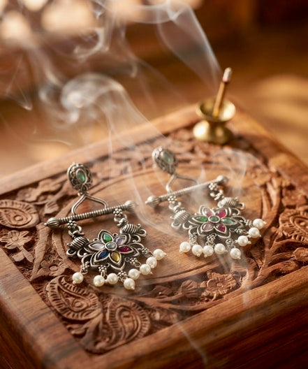 Tribal Lotus Meenakari Oxidised Statement Earrings