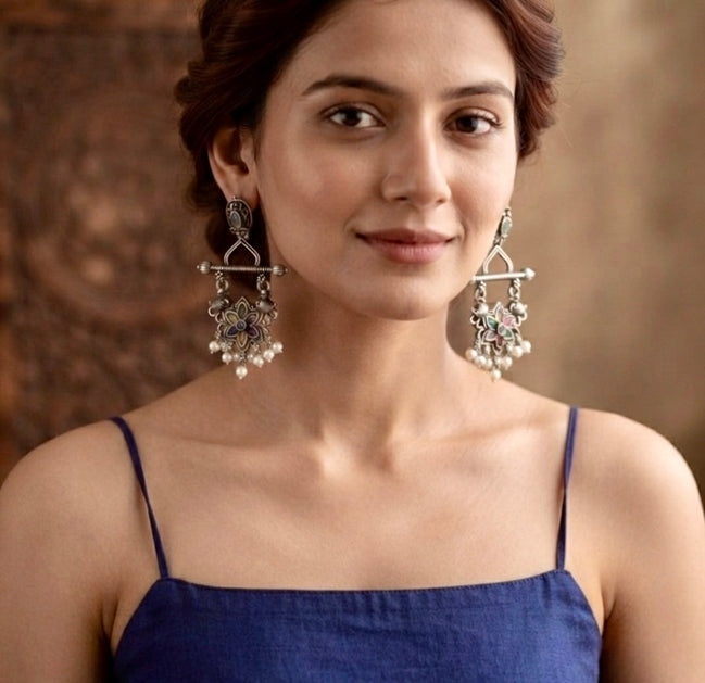 Tribal Lotus Meenakari Oxidised Statement Earrings