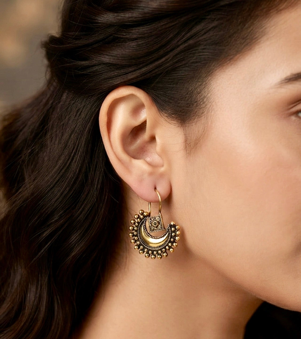 Oxidised Gold Chandbali Hook Earrings