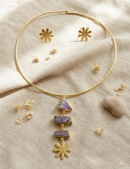 Amethyst Drop Choker Set With Earrings