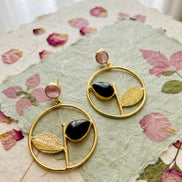 Rose Quartz and Black Onyx Mixed-Stone Leaf Hoop