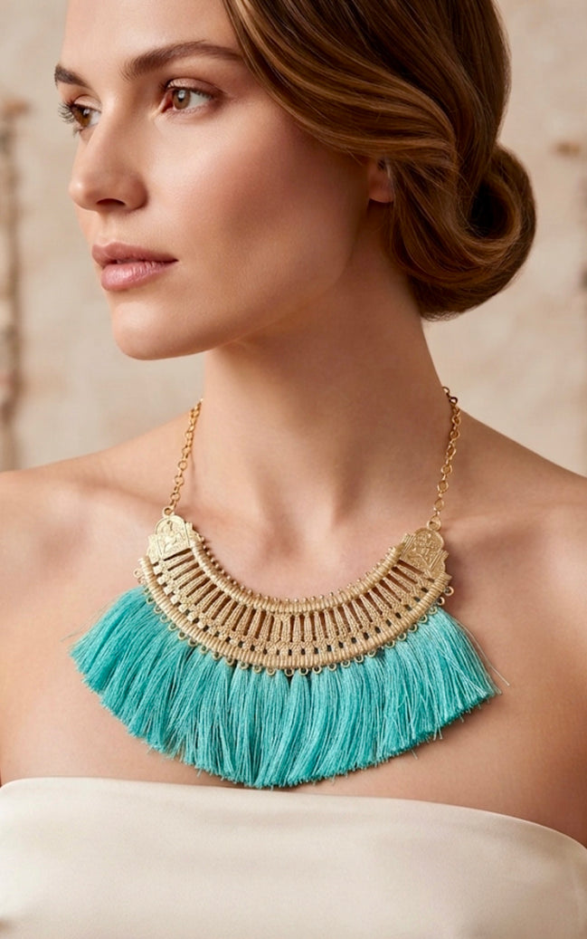 Turquoise Tassel Bib Necklace