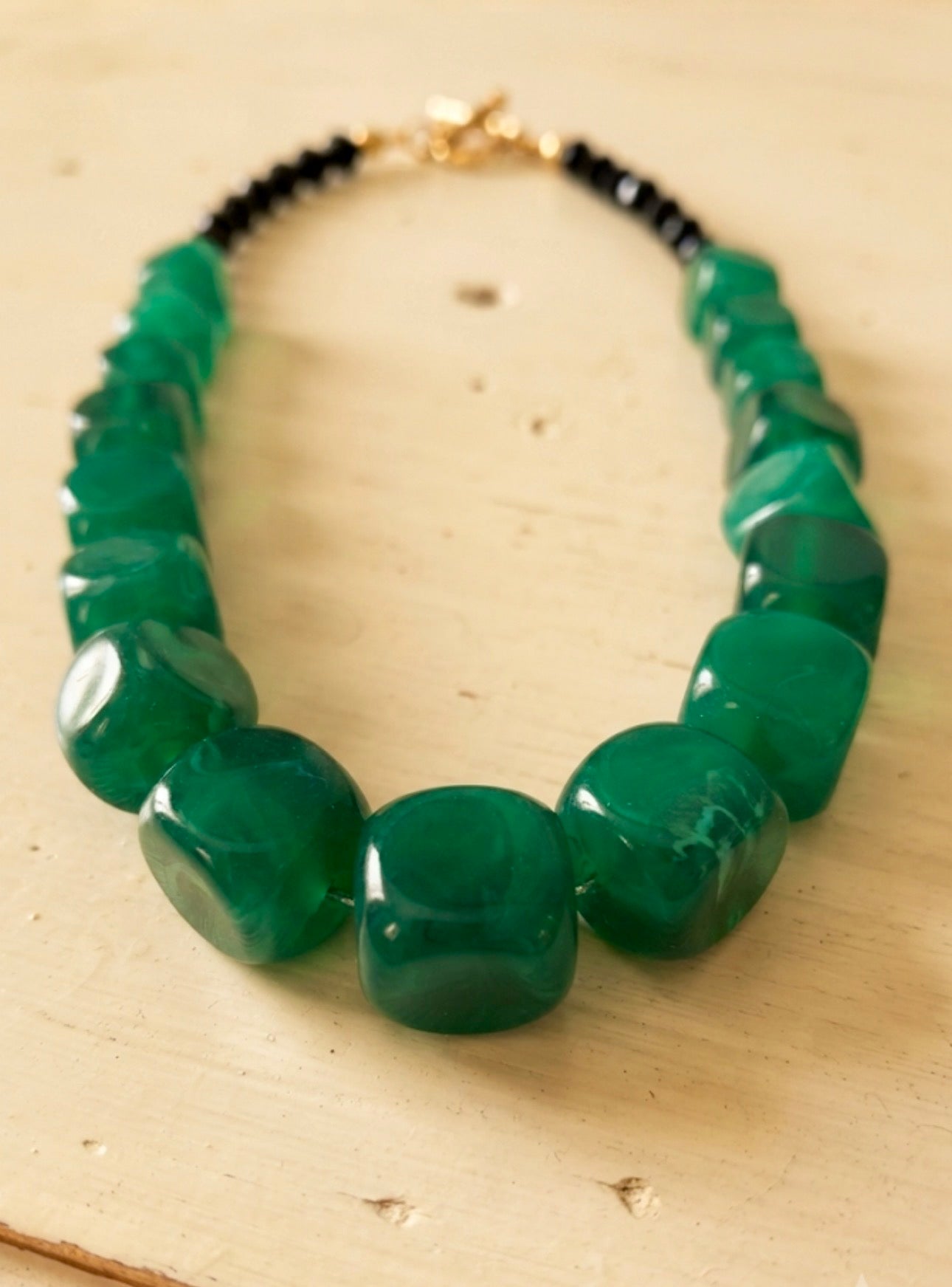 Emerald Green Chunky Resin Cube Statement Necklace.
