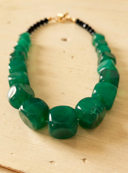 Emerald Green Chunky Resin Cube Statement Necklace.