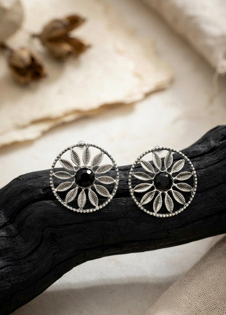 Oxidized Silver Wheel Floral Stud Earrings.