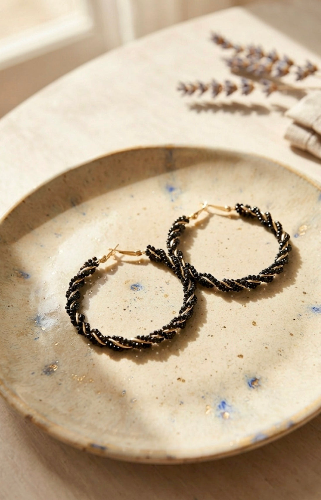 Gold-Tone Twisted Black Beaded Hoop