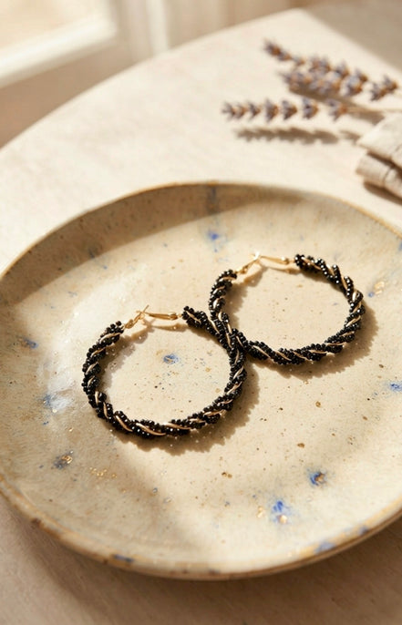 Gold-Tone Twisted Black Beaded Hoop