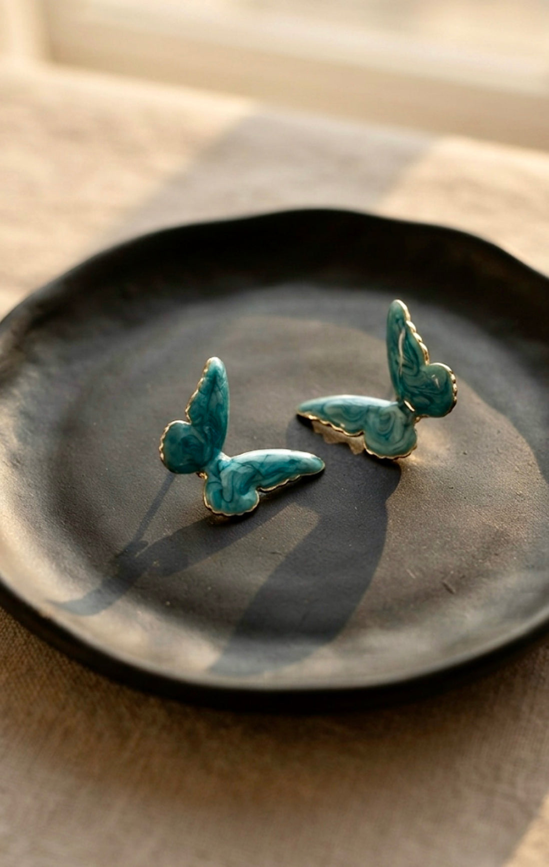 Teal Marbled Butterfly Stud Earrings
