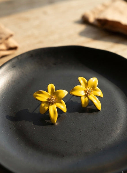 Glossy Yellow Floral Blossom Stud