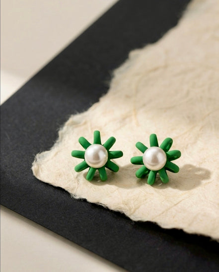 Green Pearl Flower Studs
