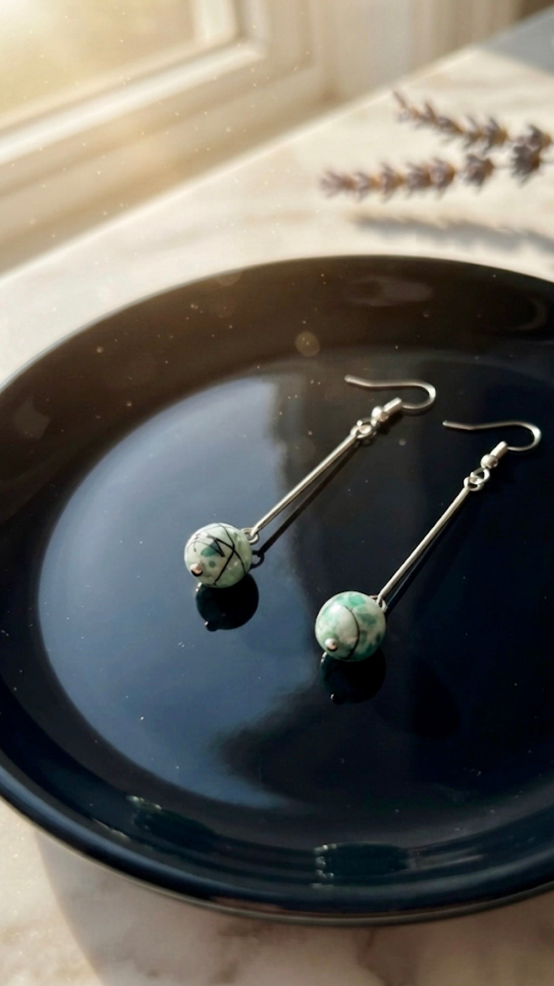 Green Ball Drop Earrings.