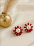 Matte Red Velvet Floral Pearl Studs.